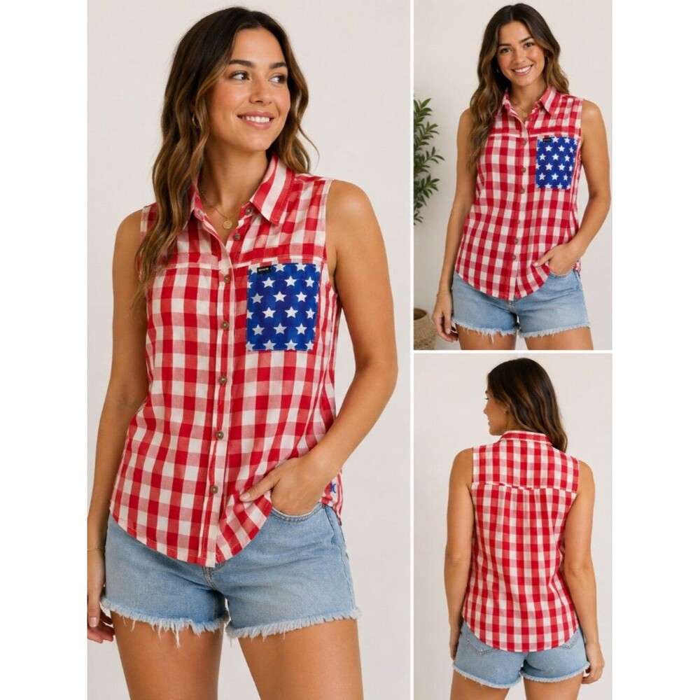 NWT Hurley Women's Medium Patriotic Red White Blue Plaid Sleeveless Top RWB tank